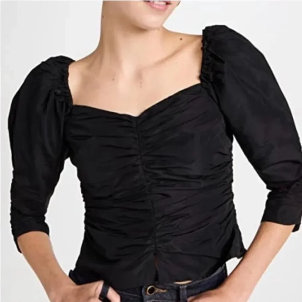 Something Navy Black Ruched Puff Sleeve Shirt Top 3/4 Sleeve Blouse Size XXL 2XL